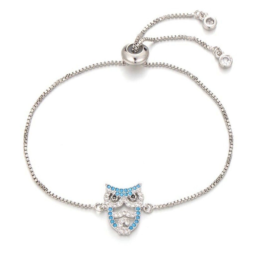 Wise Little Owl Silver Blue Cubic Zirconia Bracelet